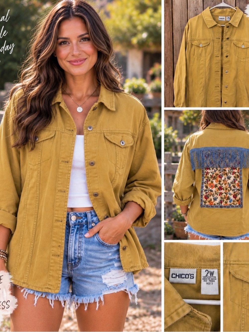 Chico's Mustard Jean Jacket Upcycled Floral Fringe Boho Shacket